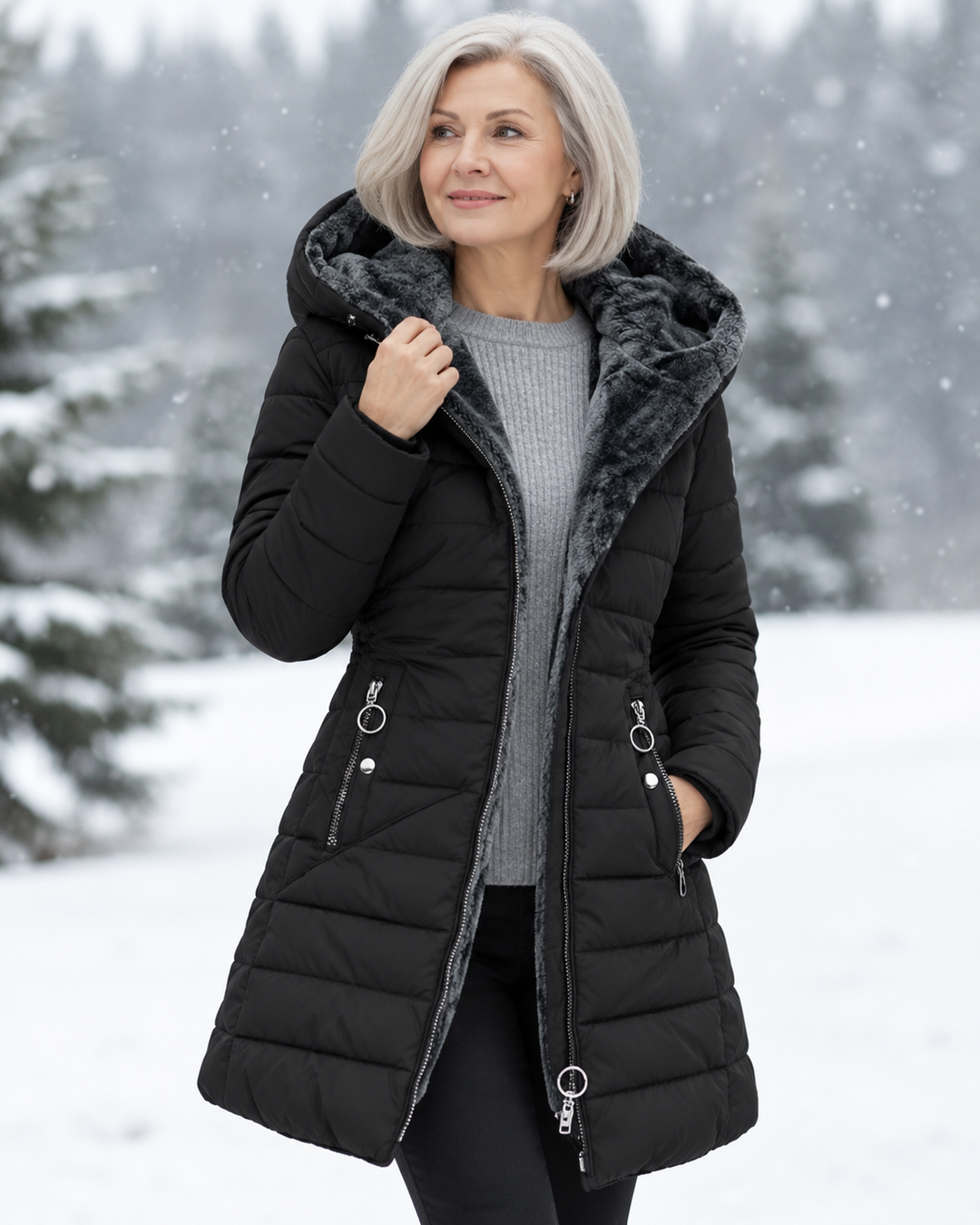 Women's winter coat with hood, black quilted design, faux-fur hood lining, zipper front.