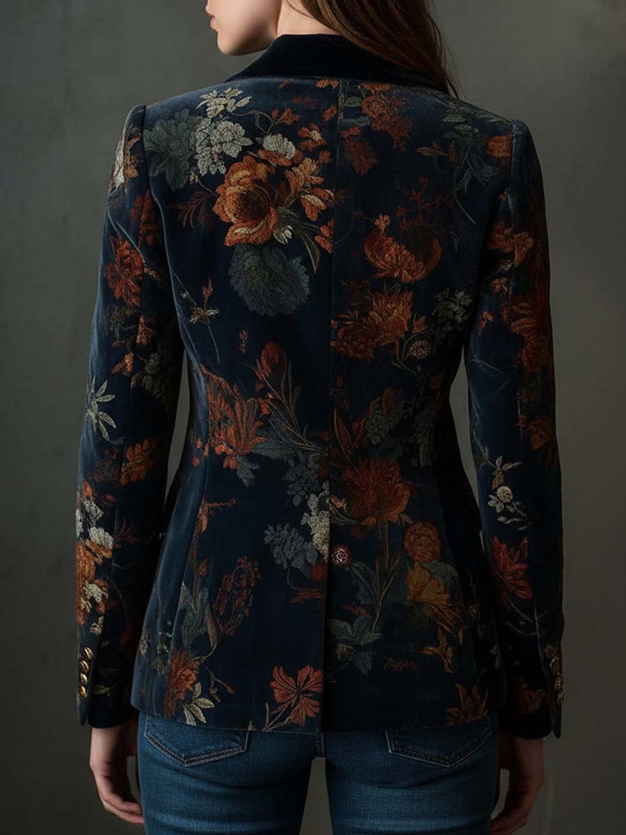 Vintage floral print velvet blazer, dark blue, with full back floral pattern