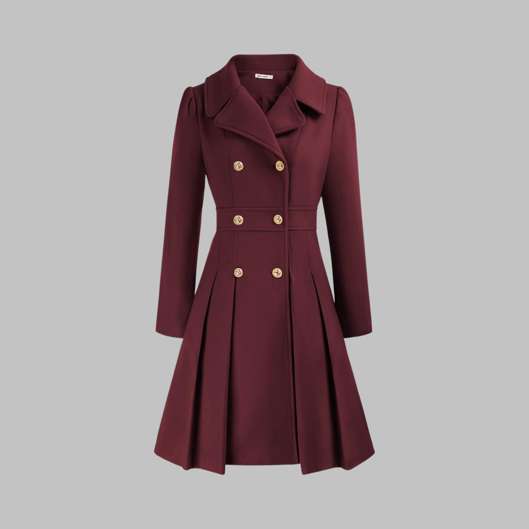Burgundy fitted double-breasted coat with notched lapels, gold buttons, pleated skirt