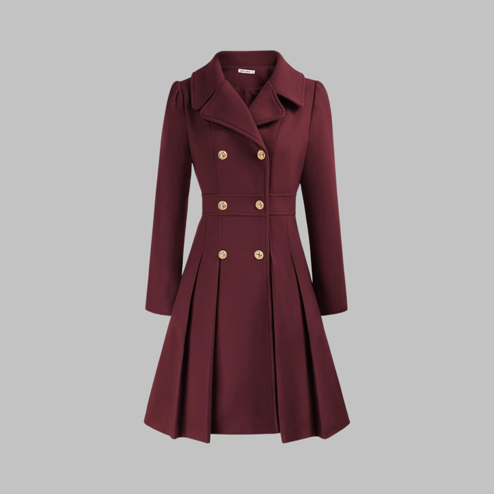 Burgundy fitted double-breasted coat with notched lapels, gold buttons, pleated skirt