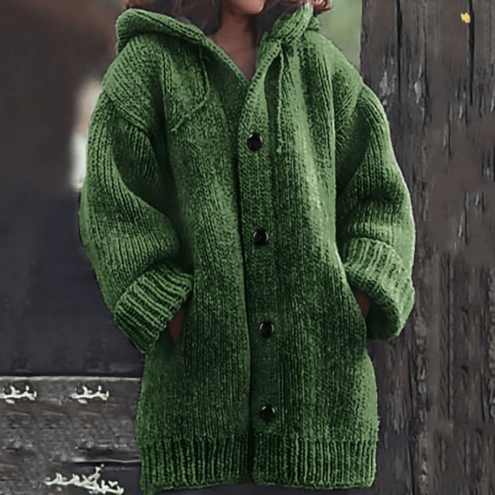 Green hooded knit cardigan with button front and ribbed cuffs and hem