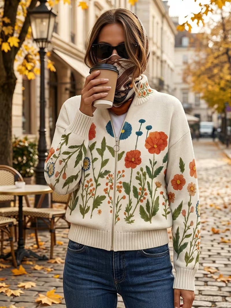 Floral zip-up cardigan in light knit, full front zipper and orange flower pattern