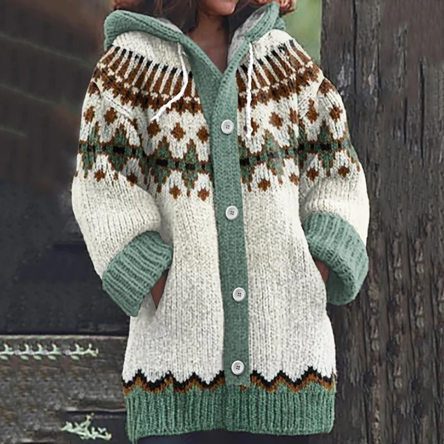Hooded knit jacket with front buttons, cream body, green trim, diamond pattern