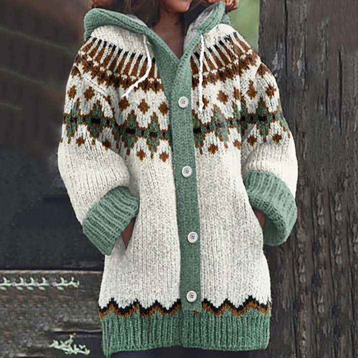 Hooded knit jacket with front buttons, cream body, green trim, diamond pattern