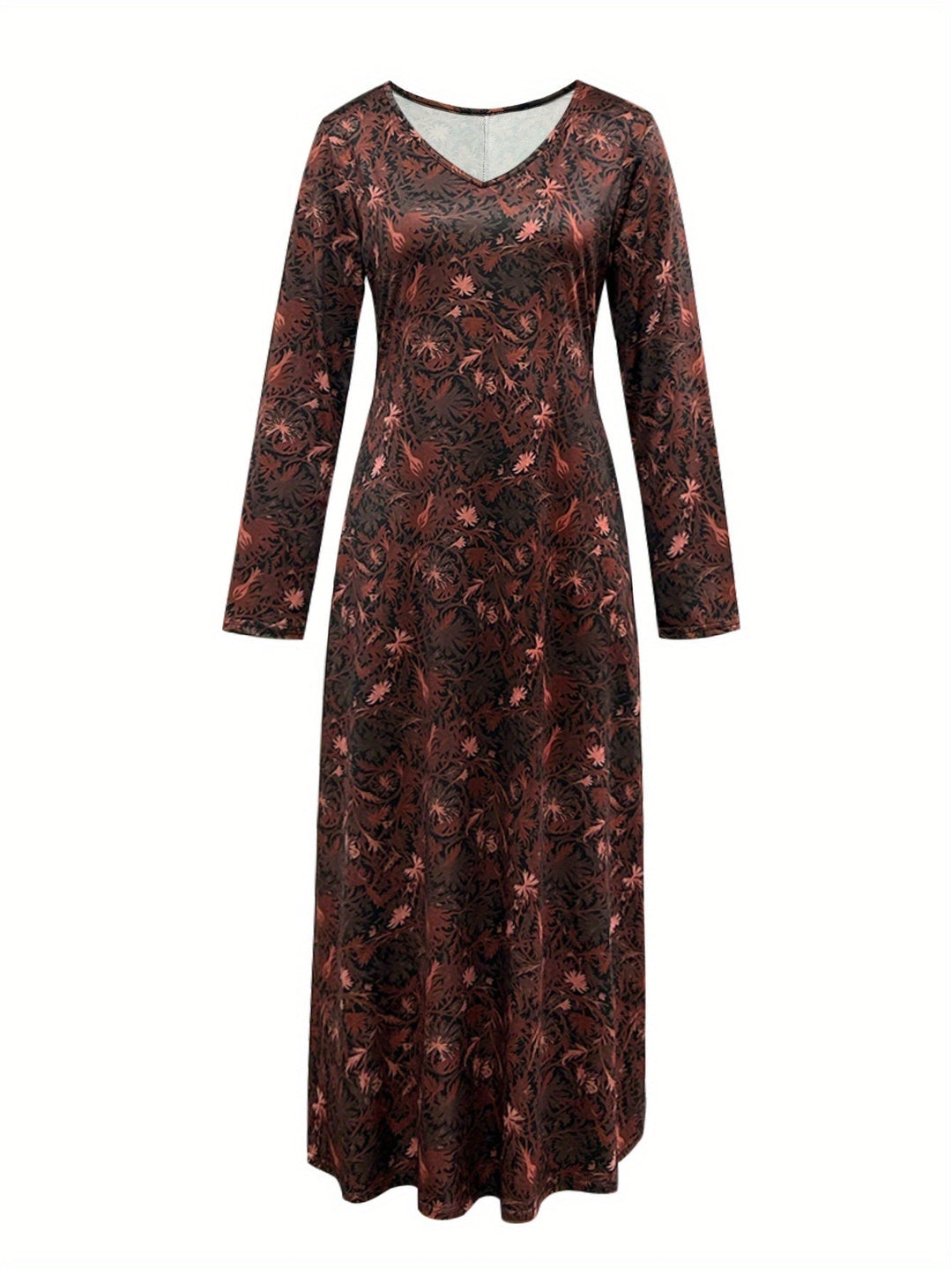 Floral print maxi dress, maroon V-neck with long sleeves, fitted bodice and full skirt