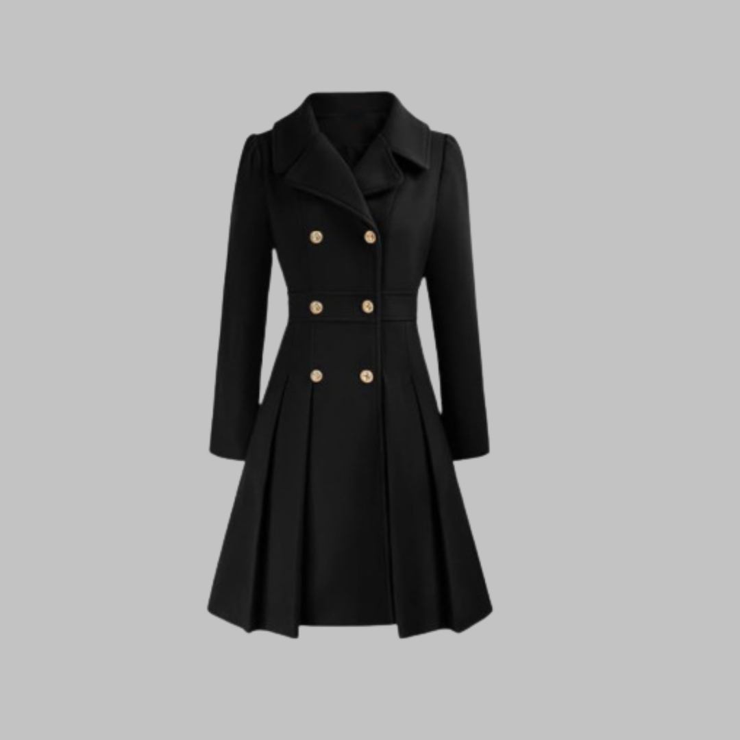 Black fitted coat with notched lapels, long sleeves, double-breasted gold buttons, pleated skirt