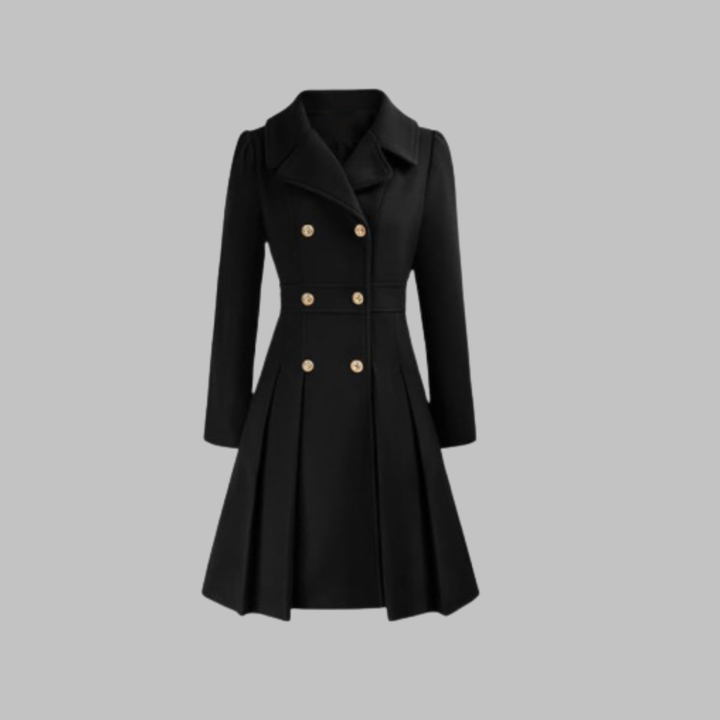 Black fitted coat with notched lapels, long sleeves, double-breasted gold buttons, pleated skirt