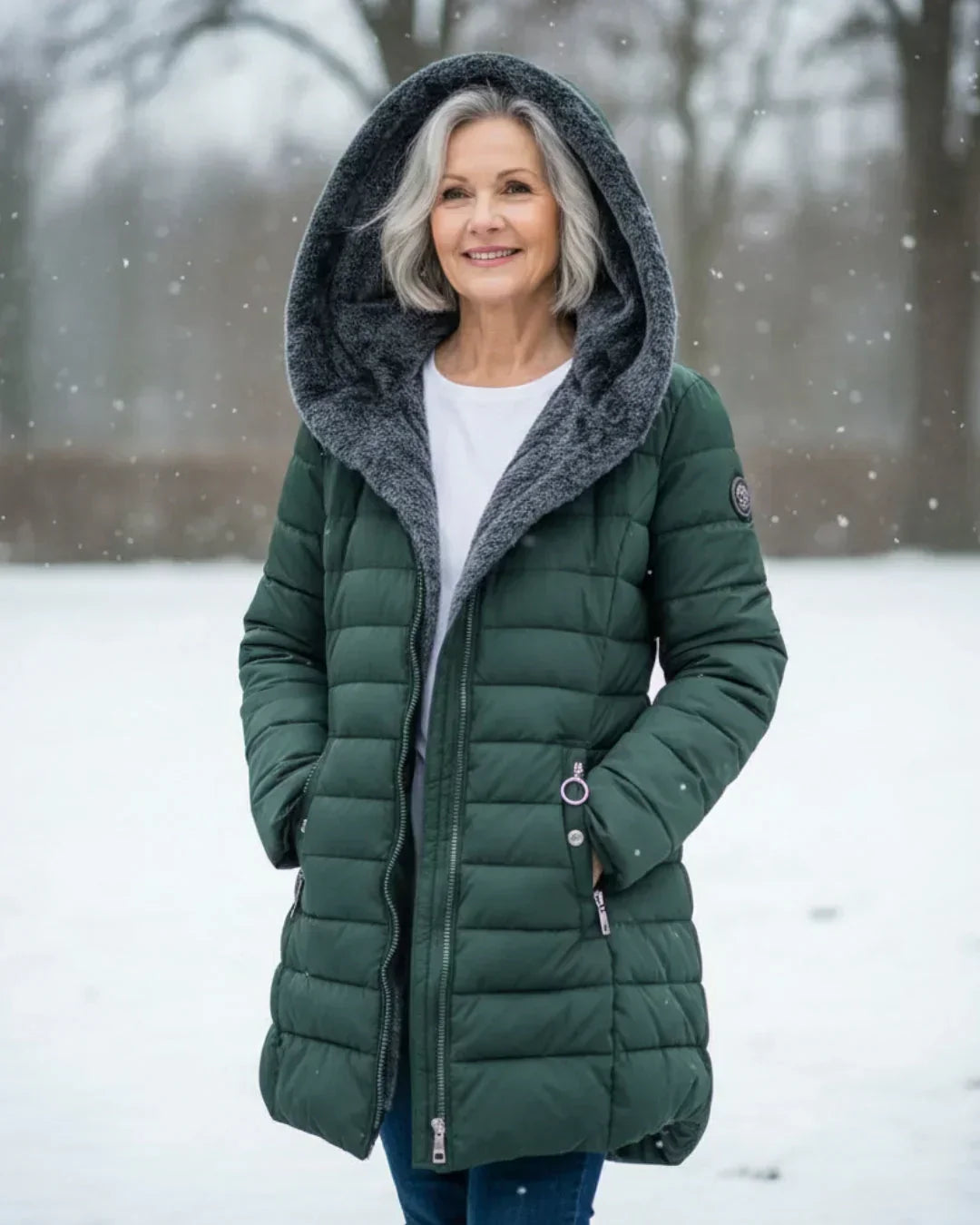 Dark green padded winter jacket with gray hood lining, front zipper, side pockets.