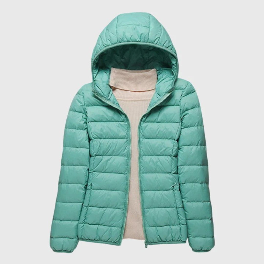 Ultralight hooded puffer jacket in turquoise, full-zip front with quilted panels