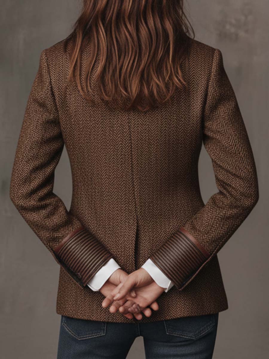 Brown herringbone tweed blazer with printed panels, long sleeves, tailored fit