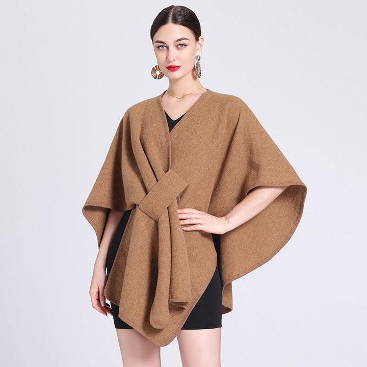 Camel fleece shawl with wide cape sleeves, V-neck, and tied front wrap