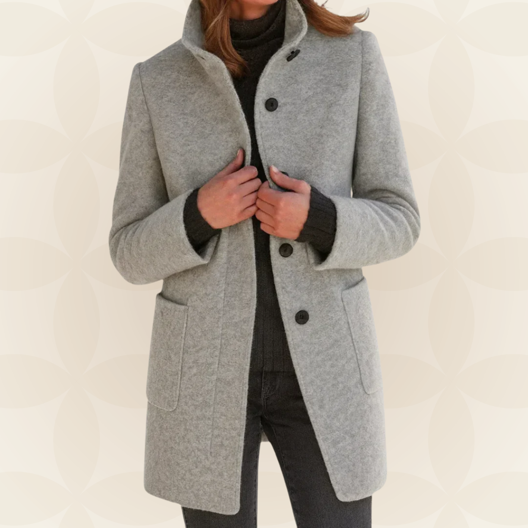 Women’s gray wool coat with high collar, button front, and side pockets
