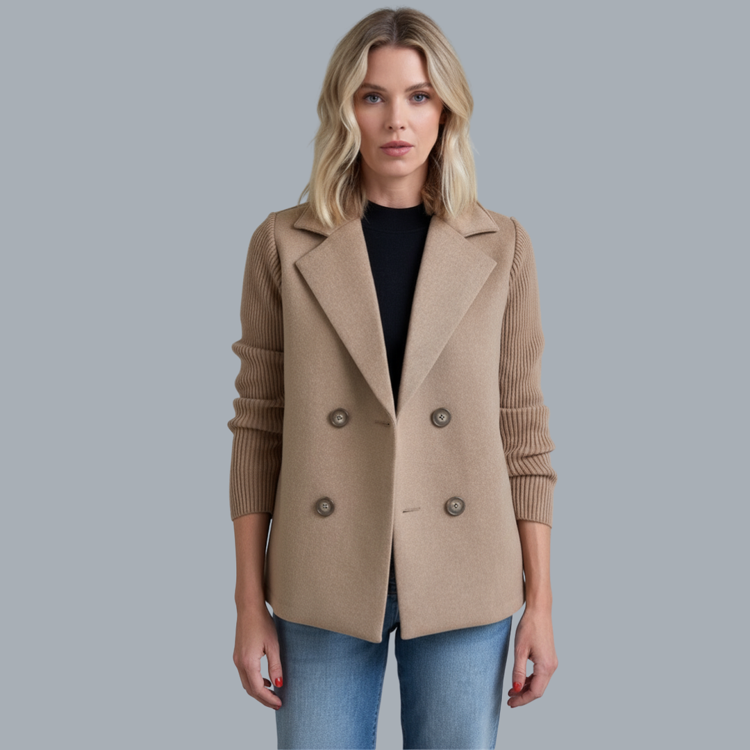 Brown ribbed blazer coat with notched lapels and four-button front