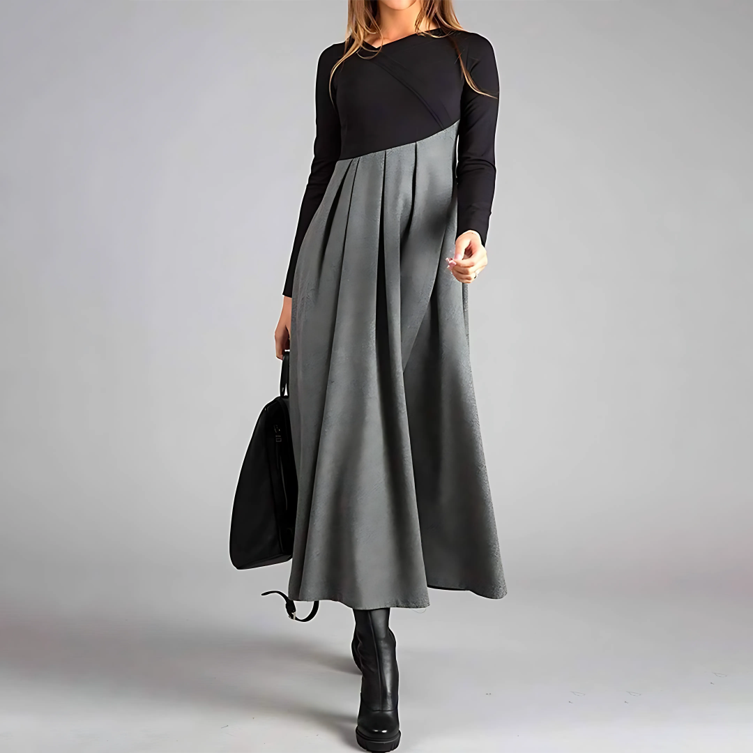 Ruched bodycon midi dress with black long sleeves and gray gathered skirt, side seam