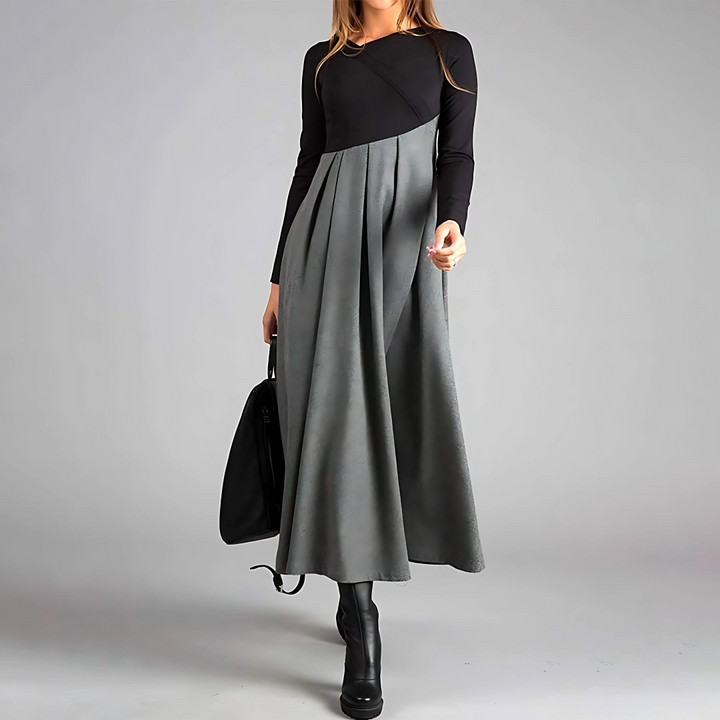 Ruched bodycon midi dress with black long sleeves and gray gathered skirt, side seam