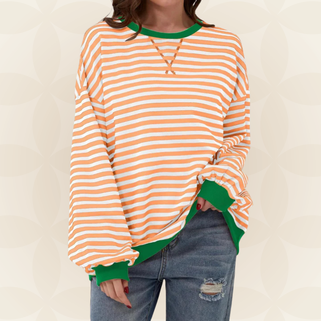 Jasmine™ striped sweater in orange and white stripes, V-neck, long sleeves, relaxed fit