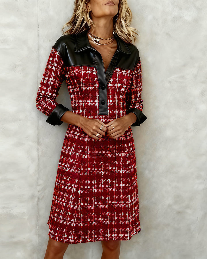 Red houndstooth shirt dress with black faux-leather yoke and button front