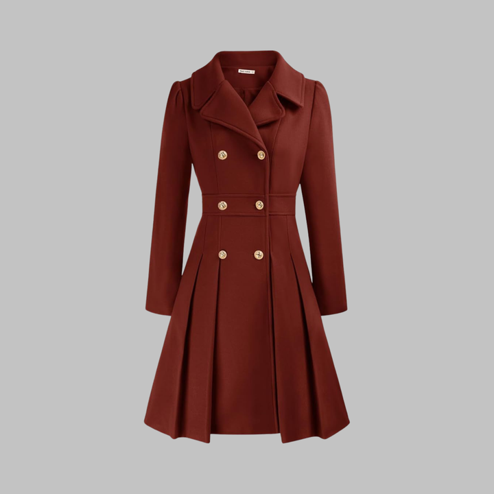 Dark maroon fitted double-breasted coat with notched lapels, gold buttons, pleated skirt