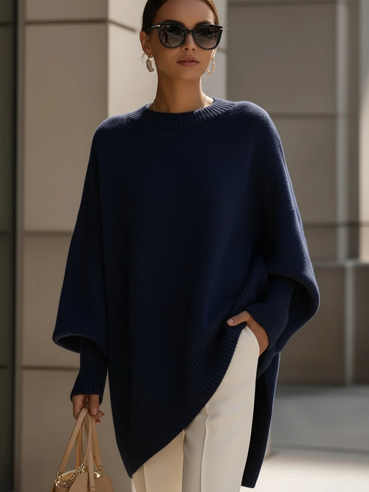 Navy oversized wool-blend jumper with crew neck and ribbed hems