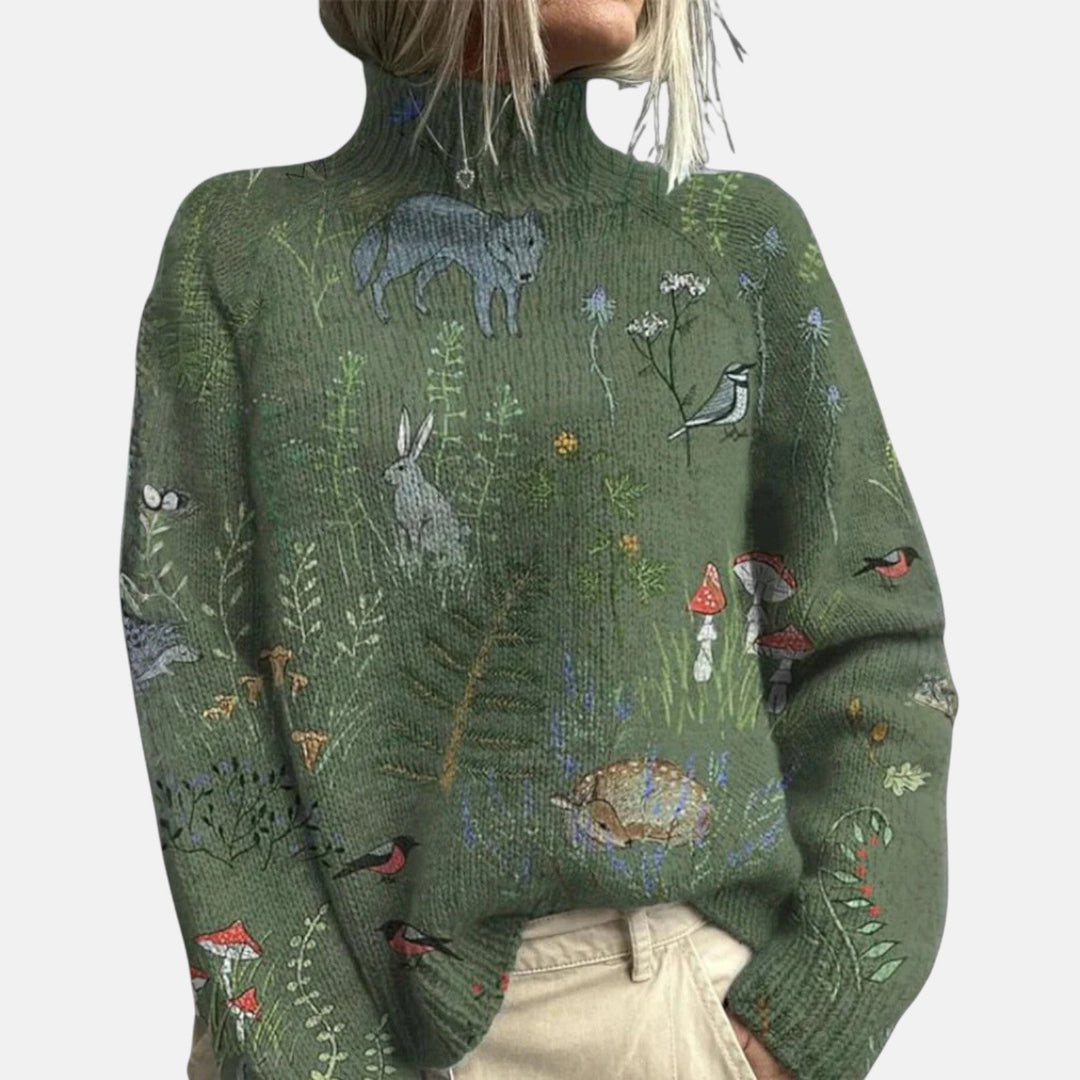 Green turtleneck sweater with woodland pattern, rabbits and birds, long sleeves