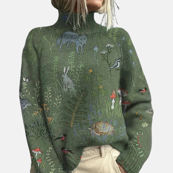 Green turtleneck sweater with woodland pattern, rabbits and birds, long sleeves