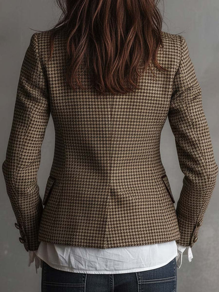 Brown houndstooth tweed blazer back view with fitted shoulders and tailored seams