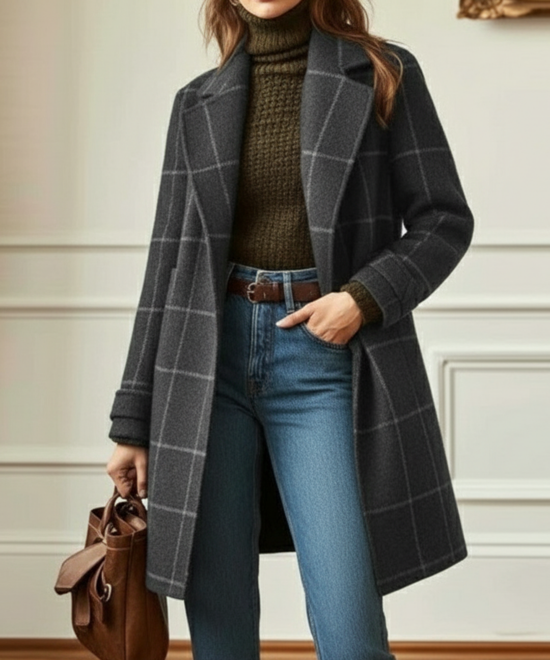 Gray plaid wool coat with notch lapels and button-front, long sleeves
