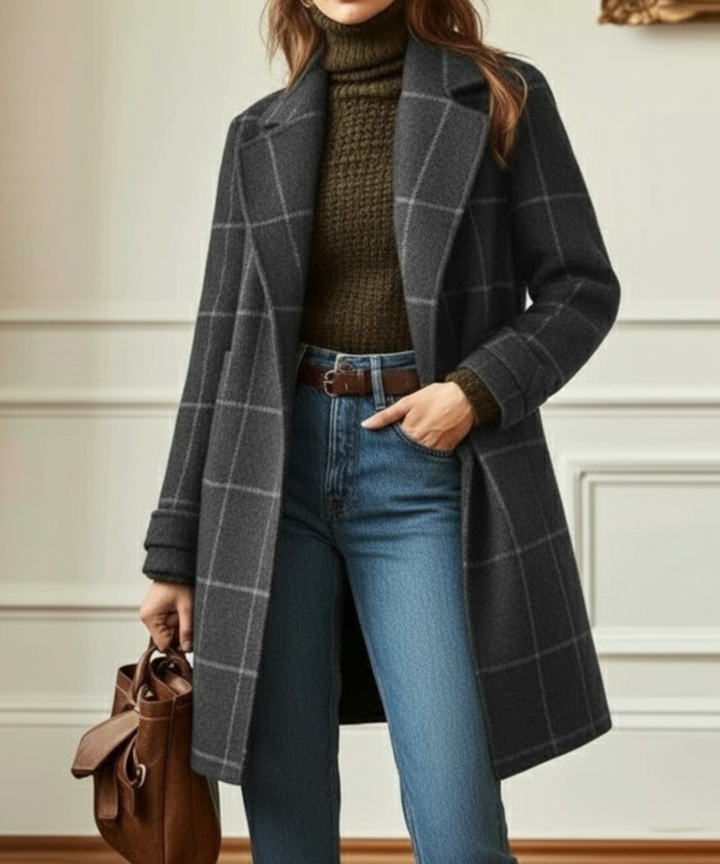 Gray plaid wool coat with notch lapels and button-front, long sleeves