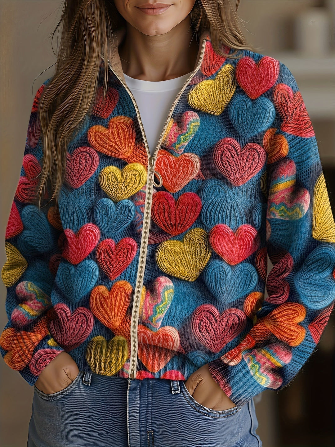 Ilyra™ multicolour hearts zip cardigan, blue base with red orange yellow knit hearts