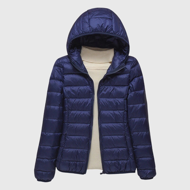 Ultralight hooded puffer jacket in dark blue, full-zip front with quilted panels