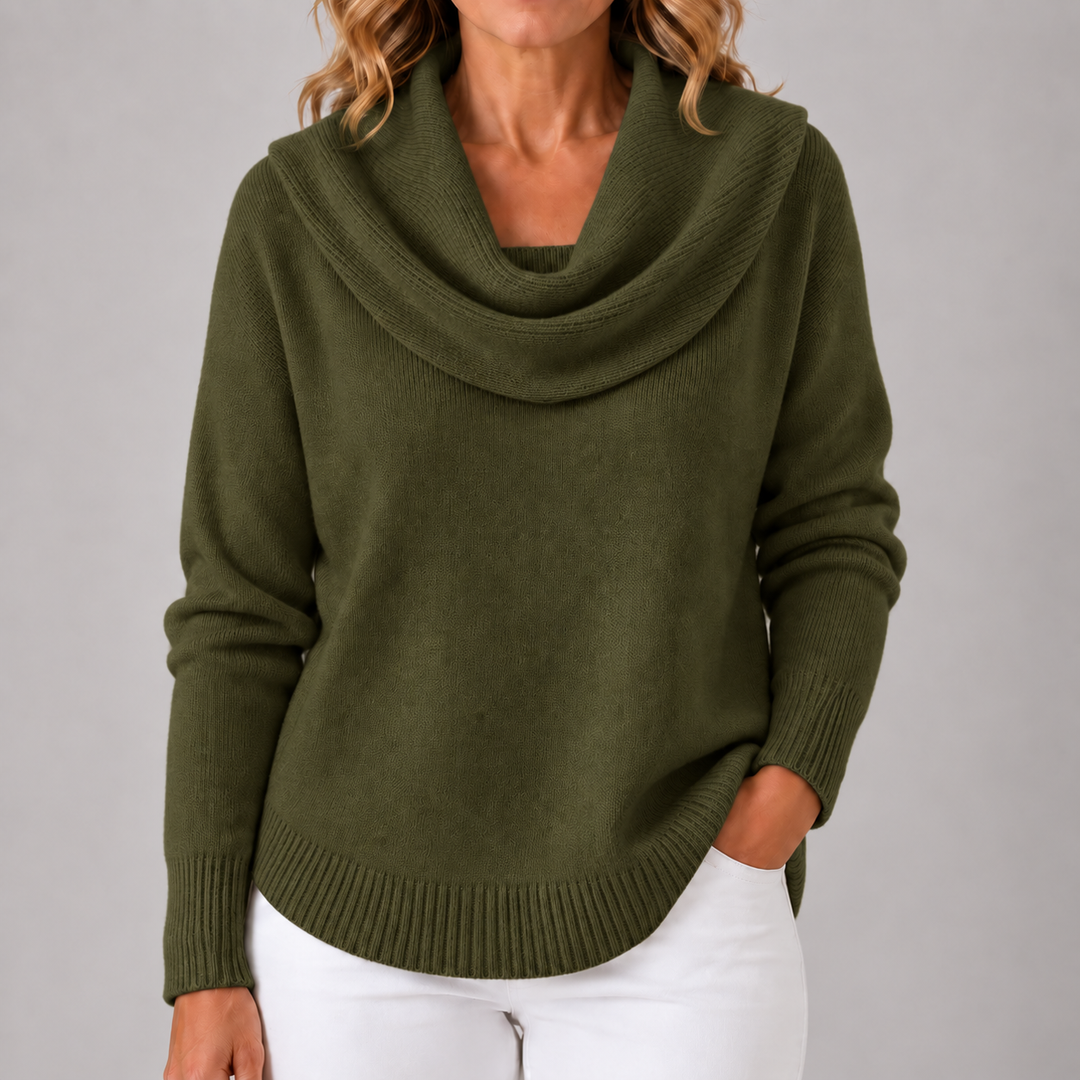 Olive green cowl neck knit sweater with draped cowl, long sleeves, ribbed cuffs and hem