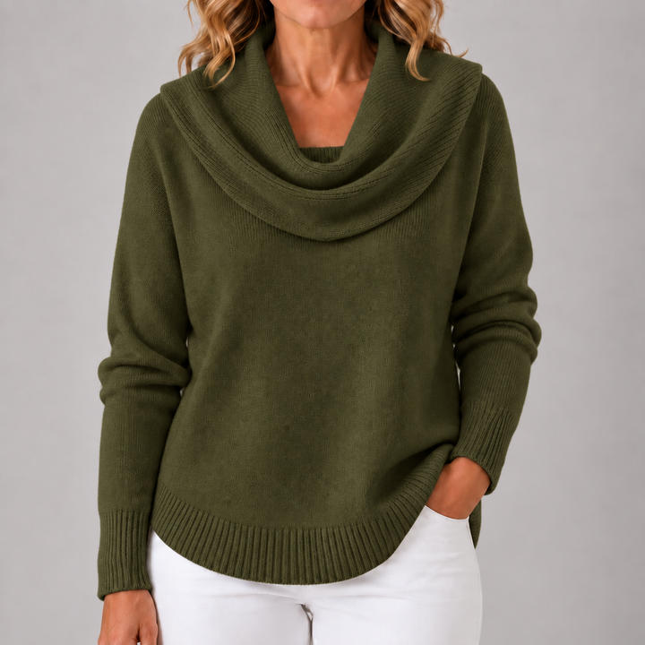 Olive green cowl neck knit sweater with draped cowl, long sleeves, ribbed cuffs and hem
