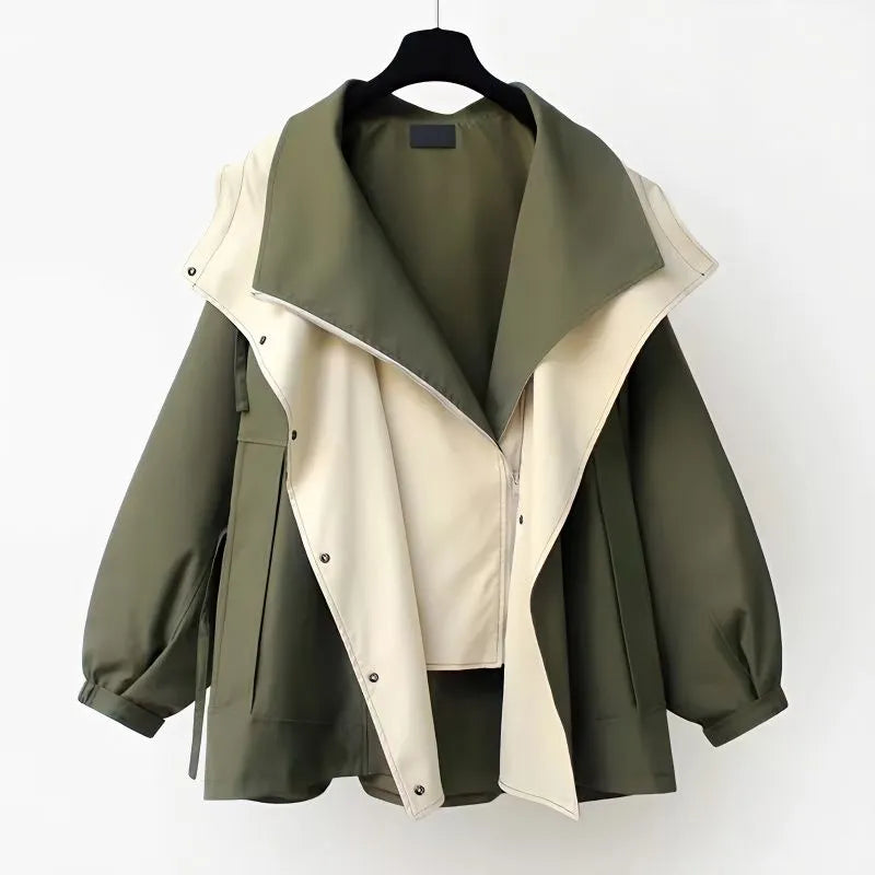 Two-tone hooded windbreaker jacket in olive green with white front panel.