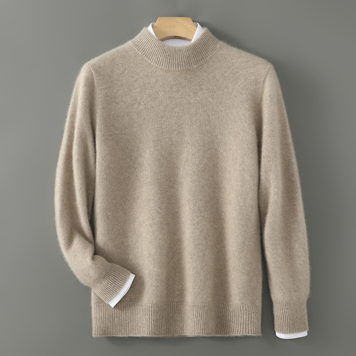 Beige cashmere crewneck sweater with ribbed hem, cuffs, and neckline