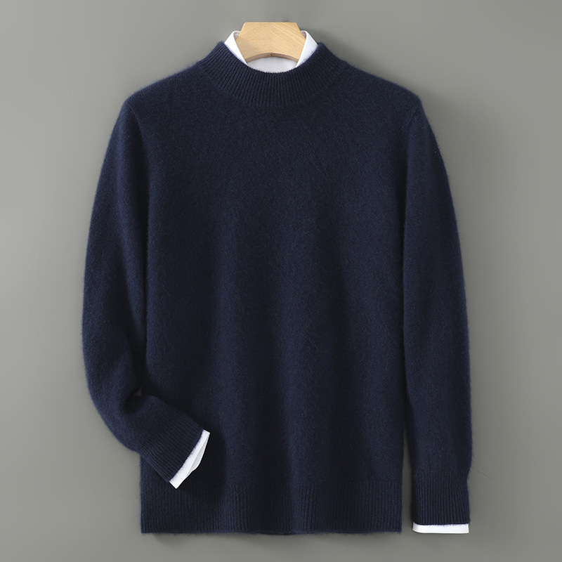 Navy cashmere crewneck sweater with ribbed cuffs and neckline