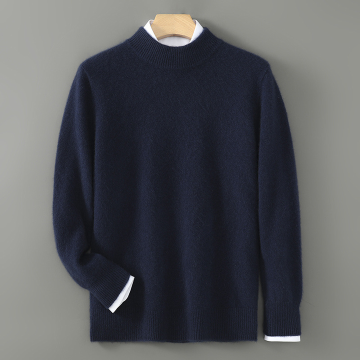 Navy cashmere crewneck sweater with ribbed cuffs and neckline