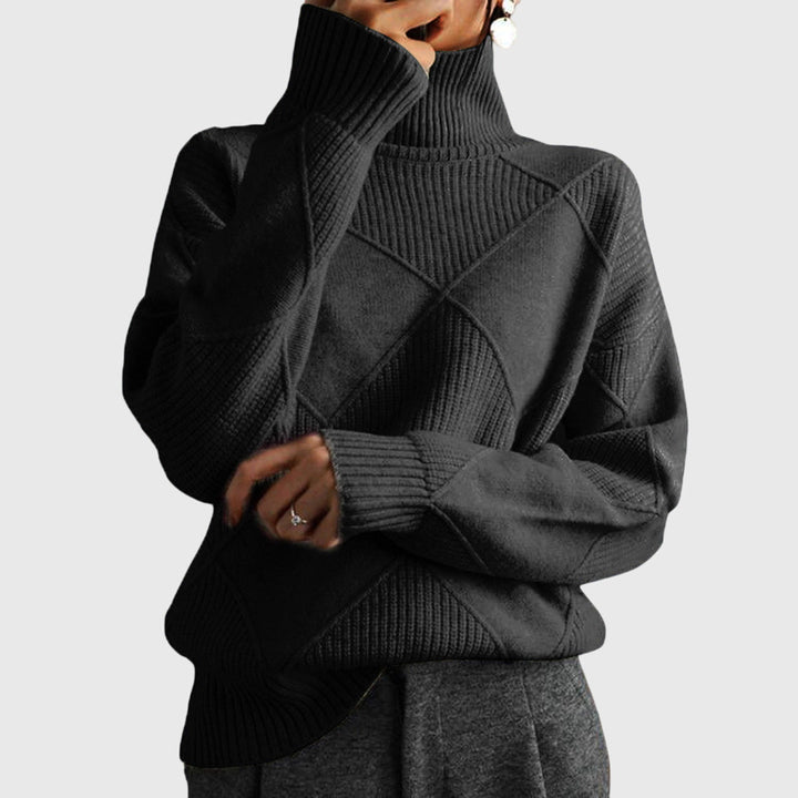 Black turtleneck knit jumper with diamond motif and ribbed cuffs, long sleeves