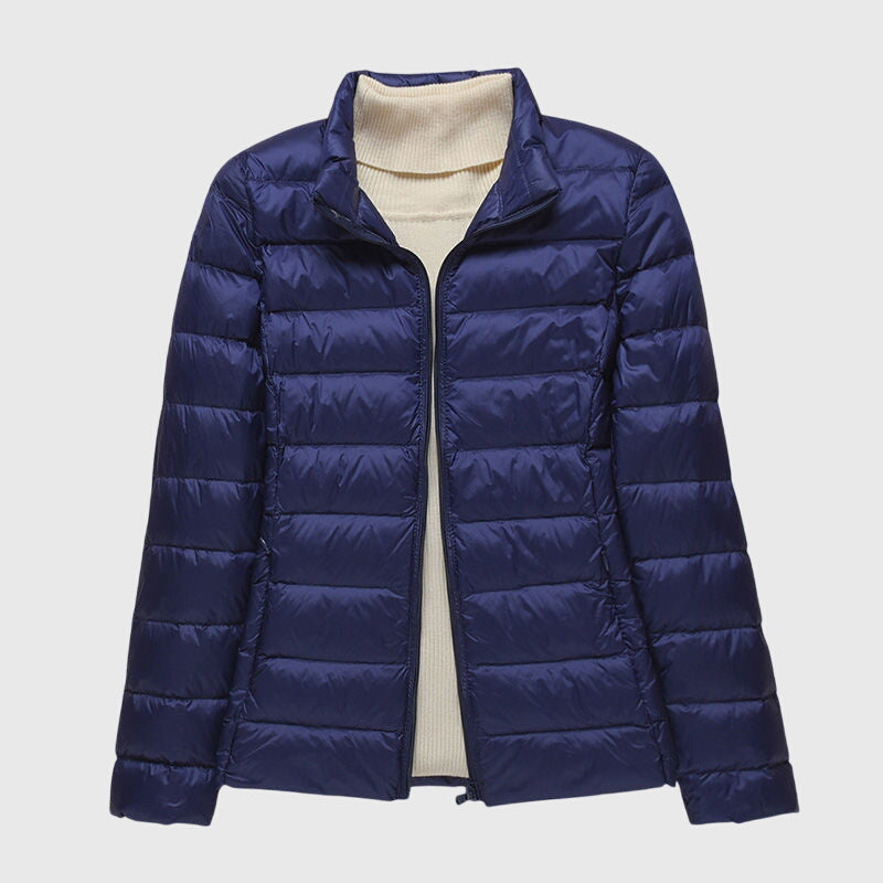 Dark blue ultralight puffer jacket, full-zip with stand collar and ribbed hem