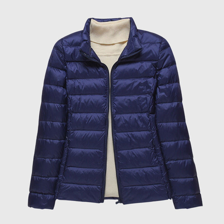 Dark blue ultralight puffer jacket, full-zip with stand collar and ribbed hem