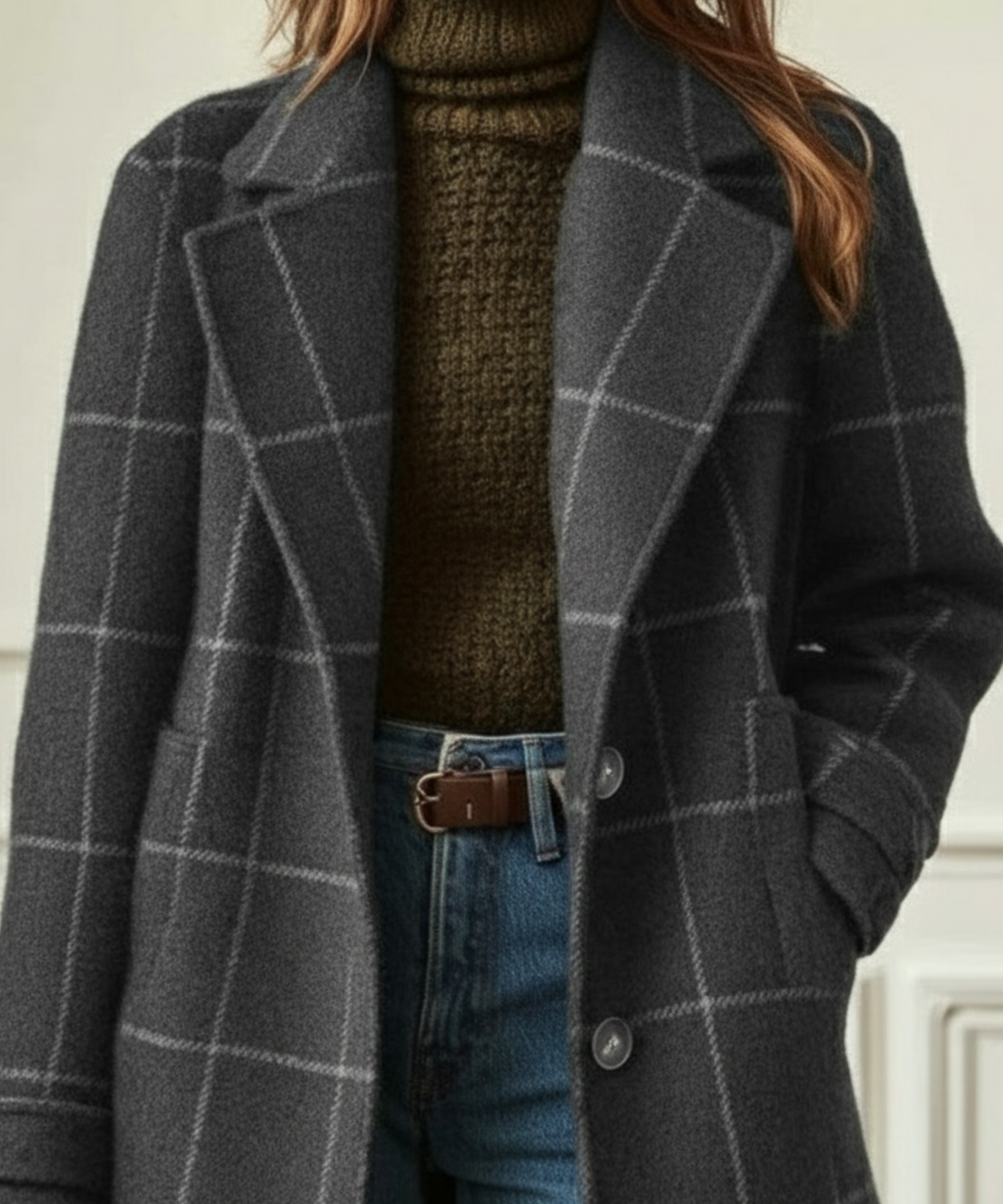 Gray plaid long coat with button-front and relaxed lapels