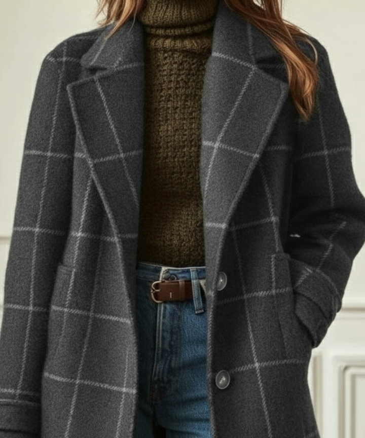 Gray plaid long coat with button-front and relaxed lapels