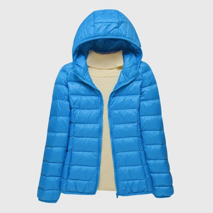 Ultralight hooded puffer jacket in blue, full-zip front with quilted panels