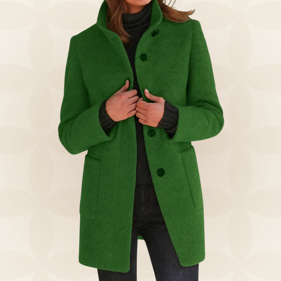 Women’s green wool coat with high collar, button front, and side pockets