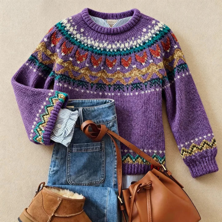 Purple fair isle knit jumper with colorful yoke and long sleeves
