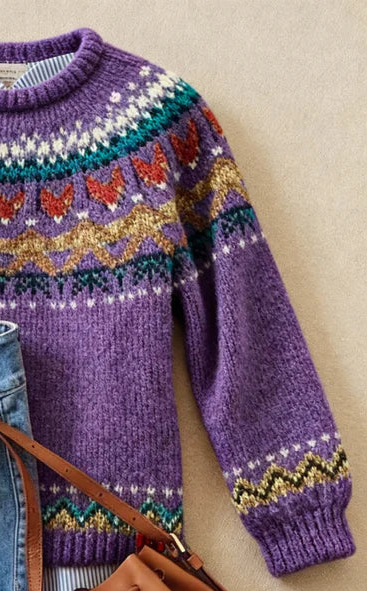 Purple knit jumper detail with fair isle pattern at yoke and ribbed cuffs