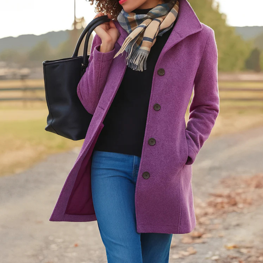 Purple long button-front coat with notched lapels and side pockets worn open