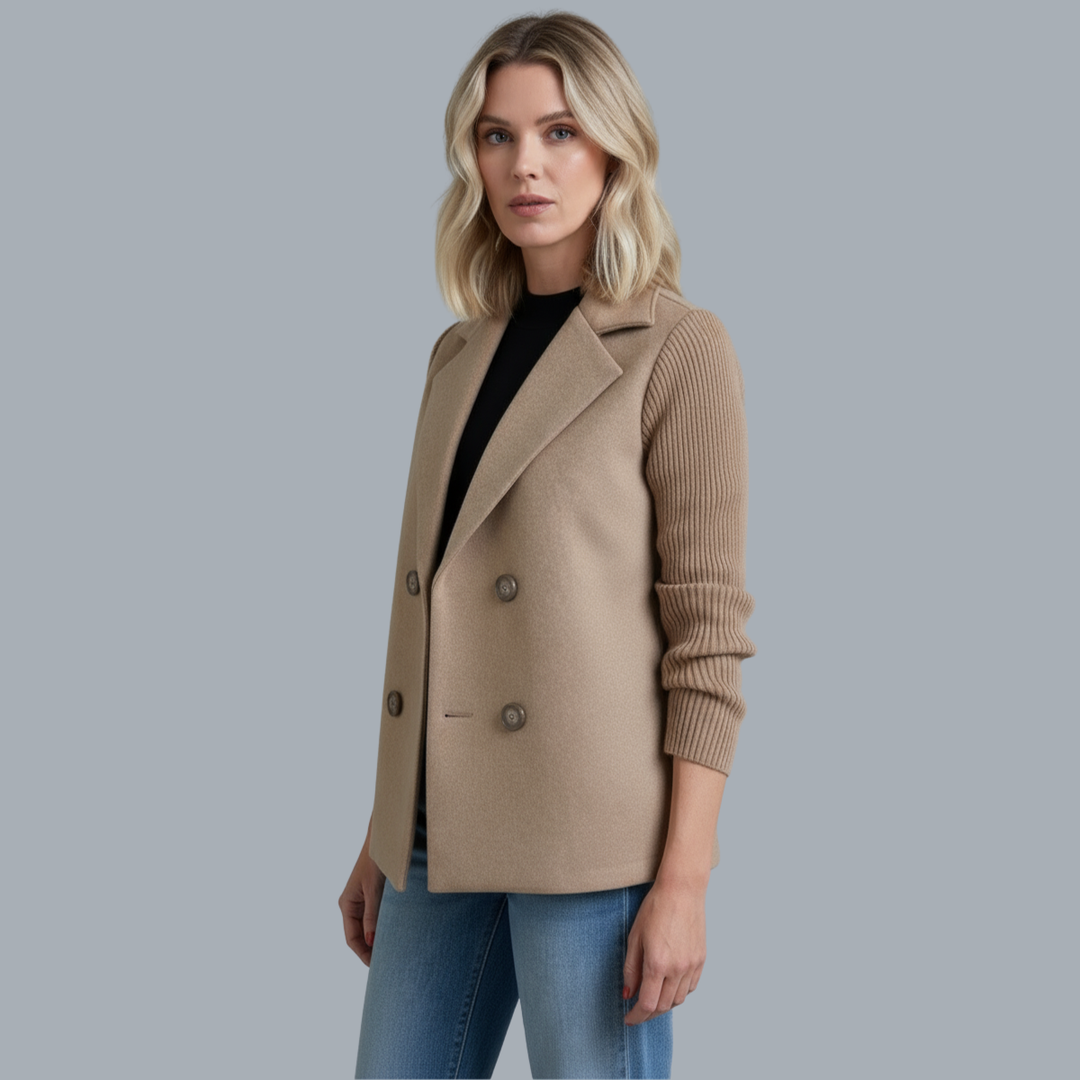 Brown ribbed blazer coat with notched lapels and two flap pockets
