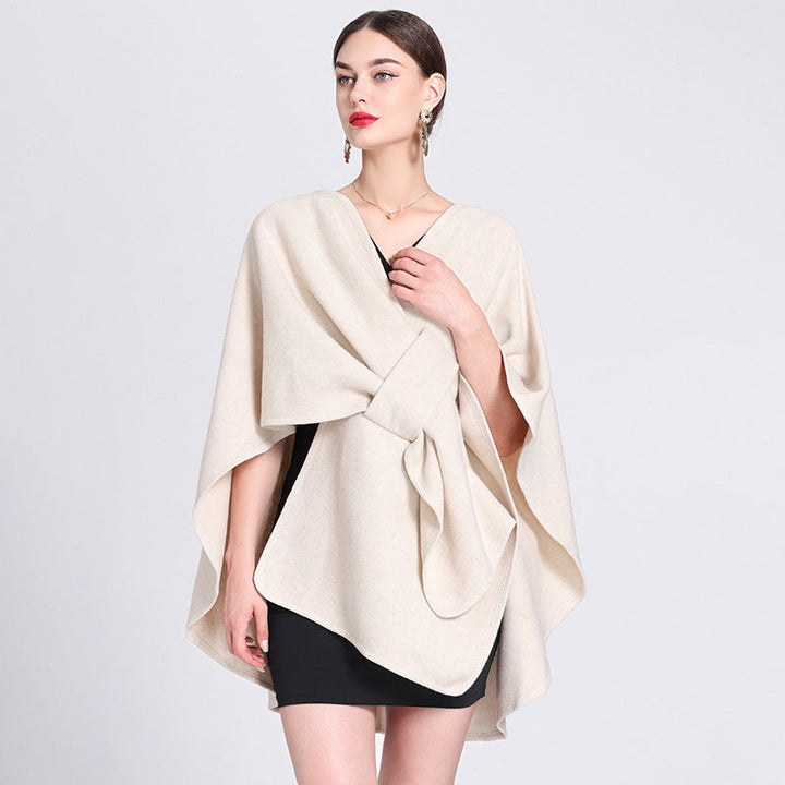 Light beige fleece cape shawl with V-neck and long tie belt wrap