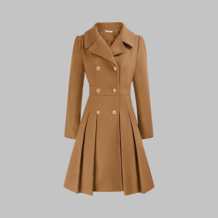 Camel fitted double-breasted coat with notched lapels, gold buttons, pleated skirt