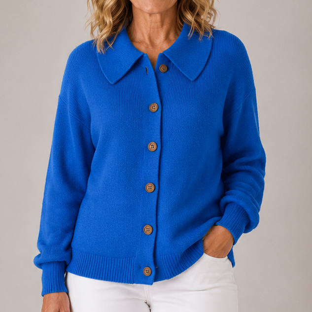 Blue collared knit cardigan with button front, long sleeves, ribbed cuffs and hem